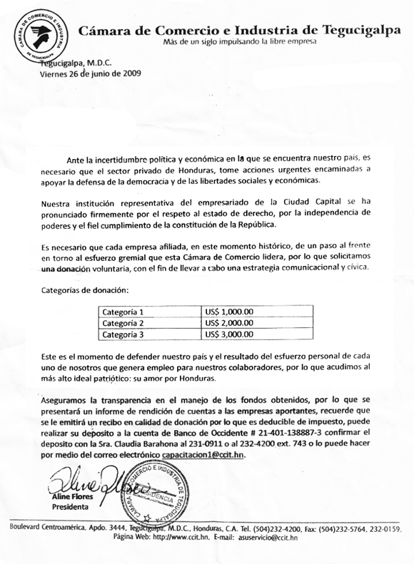 Carta Cámara de Comercio de Honduras
