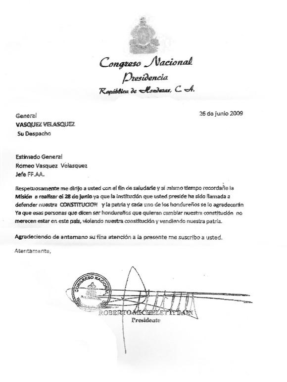 Carta de Micheletti a Jefe de las Fuerzas Armadas de Honduras, General Romeo Vasquez Velasquez