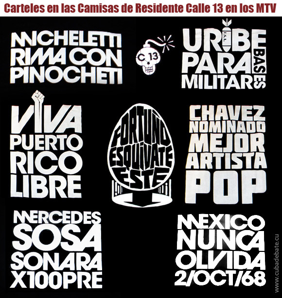 Carteles de todas las camisetas que uso Residente Calle 13 en los MTV