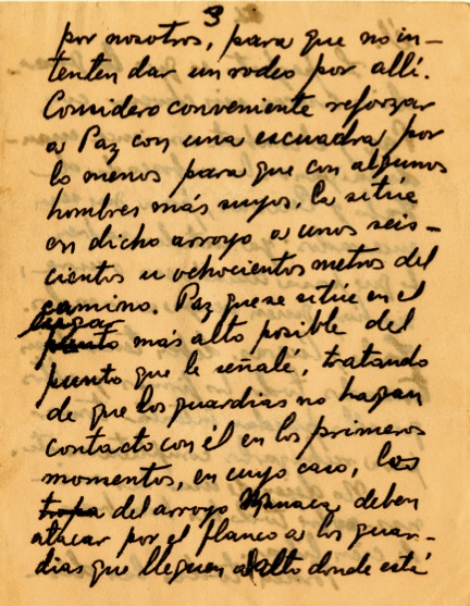 Páginas del mensaje de Fidel dirigido a los capitanes Andrés Cuevas, Lalo Sardiñas y Ramón Paz, en el que les cursa órdenes y les señala las posiciones y los movimientos para rechazar los refuerzos enemigos, 16 de julio de 1958.