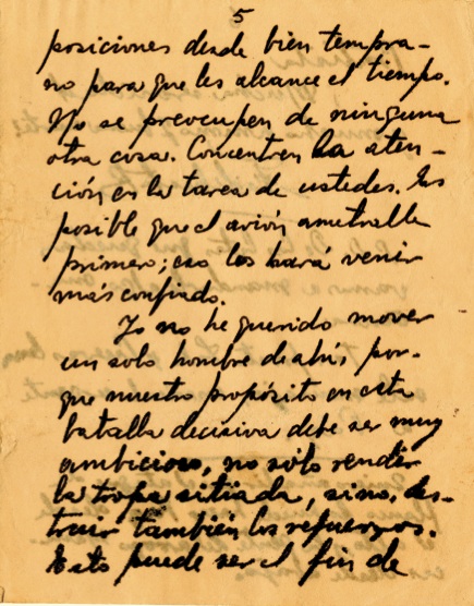 Páginas del mensaje de Fidel dirigido a los capitanes Andrés Cuevas, Lalo Sardiñas y Ramón Paz, en el que les cursa órdenes y les señala las posiciones y los movimientos para rechazar los refuerzos enemigos, 16 de julio de 1958.