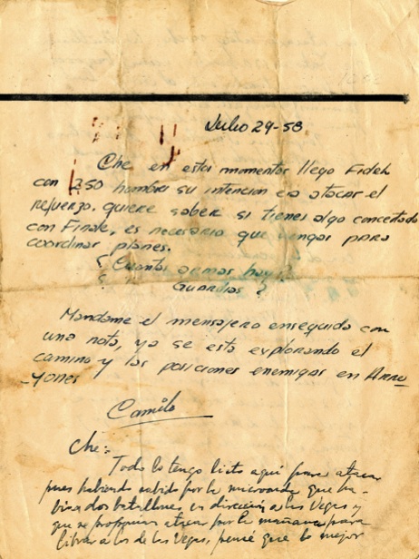 Mensaje del Comandante en Jefe al Che, escrito al pie de una nota de Camilo, con detalles de lo acontecido el 29 de julio de 1958.