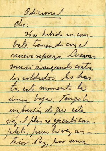 Mensaje de Fidel al Che donde le habla de la caída en combate del capitán Andrés Cuevas, 16 de julio de 1958.