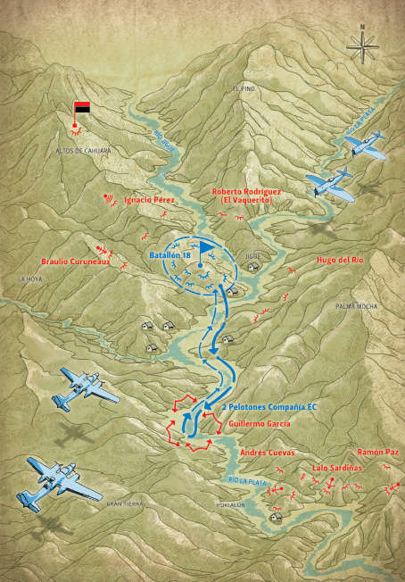 Batalla de Jigüe 14 de julio de 1958. Se cierra el cerco al Batallón 18, combate en el río La Plata.