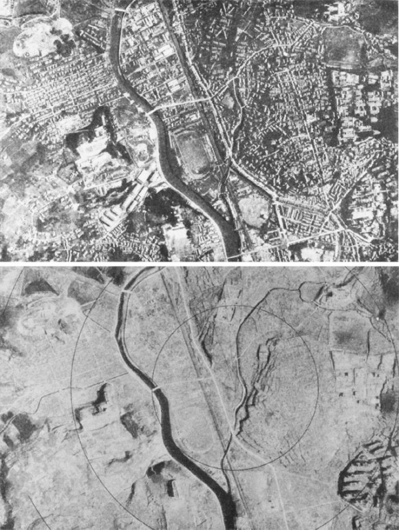 Nagasaki antes (arriba) y después (abajo) del ataque atómico. Foto: United States Strategic Bombing Survey. (Clic para ampliar)