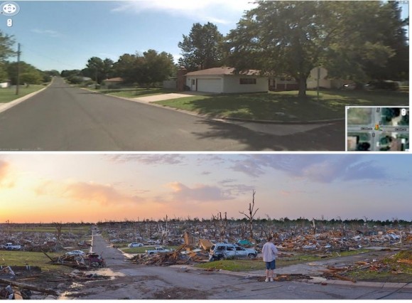 Una foto antes y después del tornado que afectó a Joplin, Missouri el 22 de mayo.