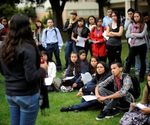 CSUN student Sarah Garcia, 19-years-old, who is participating in a hunger strike to protest university cuts talks to students. Members of Students for Quality Education vow to strike until the university freezes tuition, caps administrative salaries and meets other demands. (Hans Gutknecht/Staff Photographer)