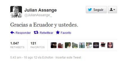 El fundador de WikiLeaks agradeció a través de la cuenta en Twitter a Ecuador y las personas que lo apoyan.