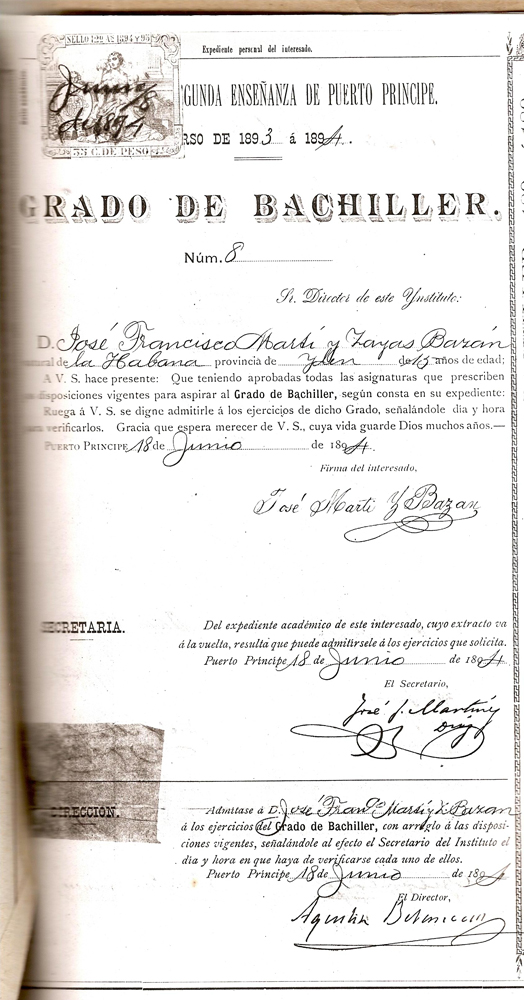 Fascimil del certificado de Bachiller, adquirido en Camaguey por José Francisco. Foto del autor