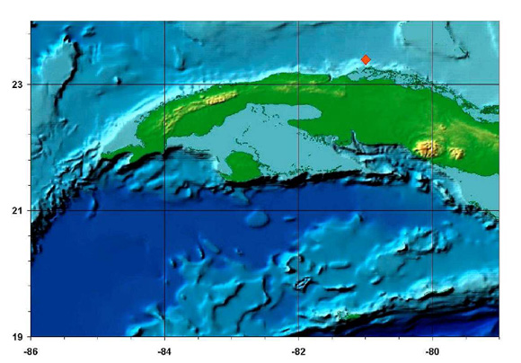 En el mapa se muestra la ubicación del sismo número dos de 2014 perceptible en Cuba. 