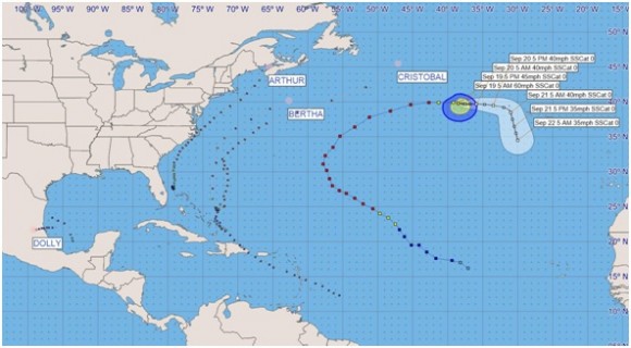Trayectorias de los Ciclones Tropicales con clasificación de Tormenta Tropical y Huracán en la cuenca del Atlántico, mar Caribe y golfo de México en la Temporada Ciclónica o de Huracanes 2014 (hasta el 21 de septiembre de 2014).