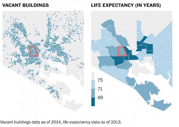 Datos de las casas vacías (2014) y la esperanza de vida (2013), en Baltimore, Estados Unidos.