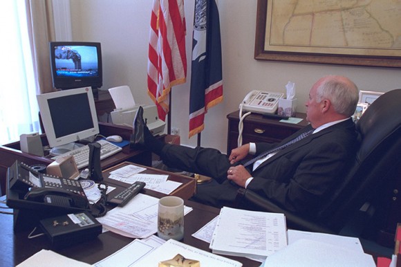 U.S. Vice President Dick Cheney watches television reports in Washington in the hours following the September 11, 2001 attacks in this U.S National Archives handout photo