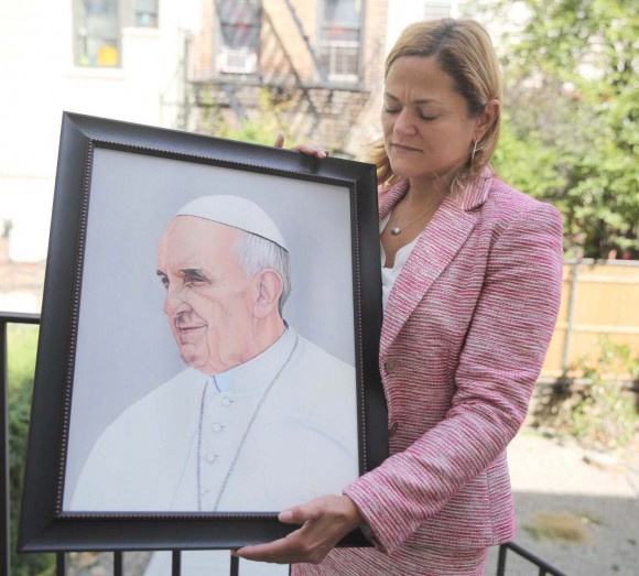 Pintura del Papa Francisco realizada en el 2014 por Oscar López Rivera y entregada al Sumo Pontífice por  la presidenta del Concejo Municipal de Nueva York,  Melissa Mark-Viverito. Foto: Pedro Julio Serrano