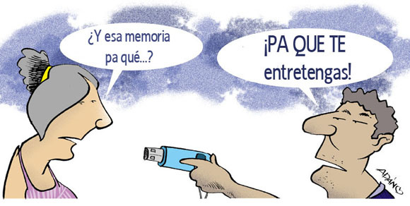 El paquete semanal ha tenido un gran impacto en las maneras de consumir audiovisuales en Cuba. Caricatura. Adán