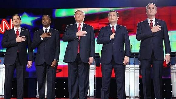 Los cinco favoritos por el Partido Republicano (de izq. a der.) Marco Rubio, Ben Carson, Donald Trump, Ted Cruz, Jeb Bush. Foto: EFE.