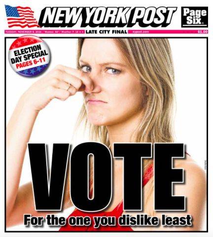Portada del tabloide New York Post pidiendo ir a votar al "que menos te disguste"